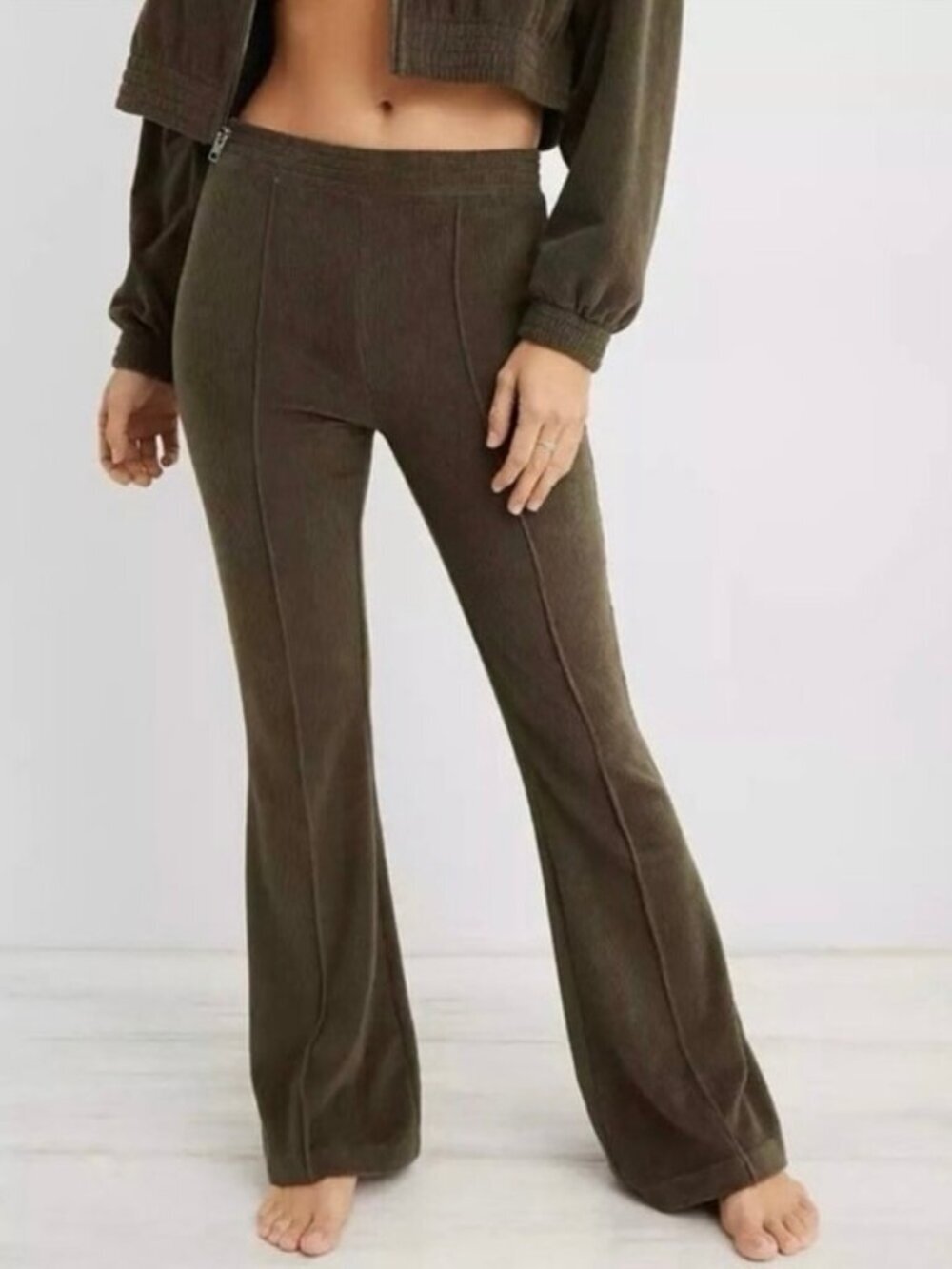 Aerie Groove On Rib Velour Flare Pants Olive Green Womens Large